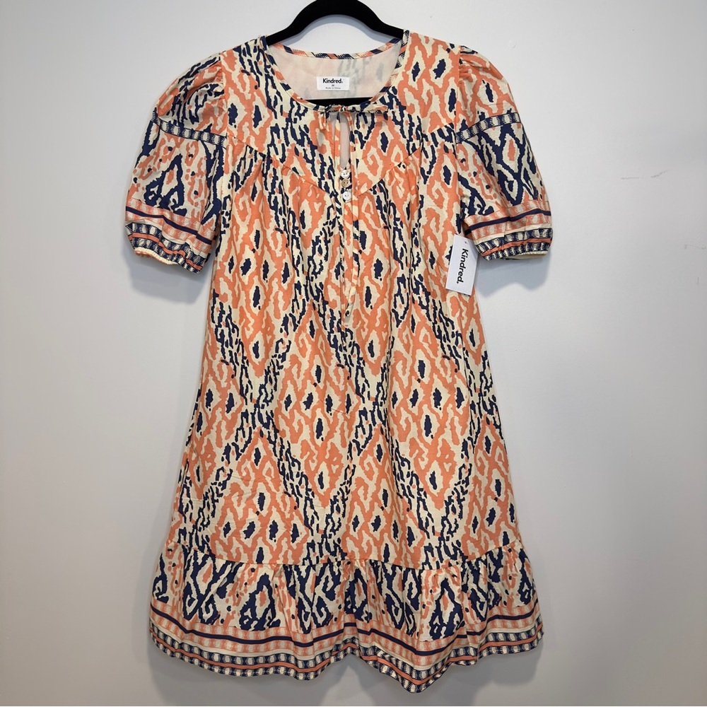 Kindred Woman’s Multicolor Midi Dress Puff Short Sleeve Lined Size M NWT